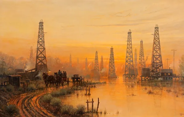 Road, the sky, landscape, sunset, river, picture, tower, Harvey G