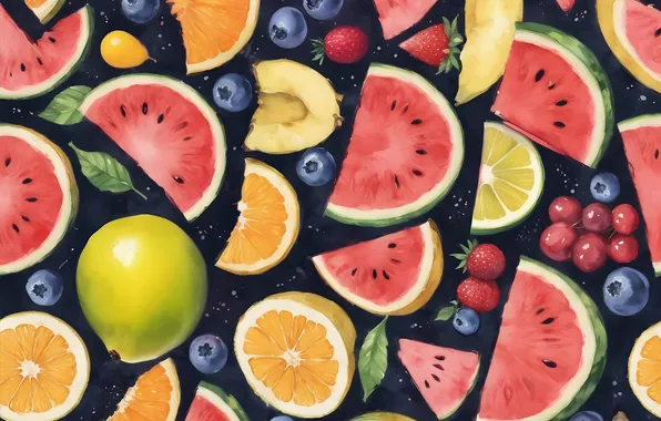 Oranges, texture, watermelon, fruit, different, cuts, imitation of watercolor, AI art