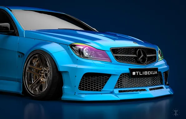 Mercedes-Benz, Blue, Machine, Blue background, Mercedes, Car, C63, Widebody