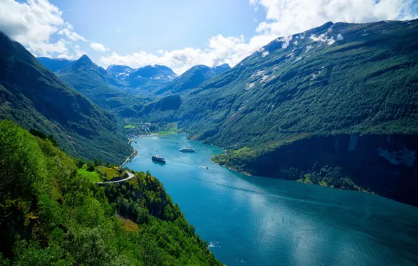 Forest, the sky, the sun, clouds, trees, mountains, height, ships