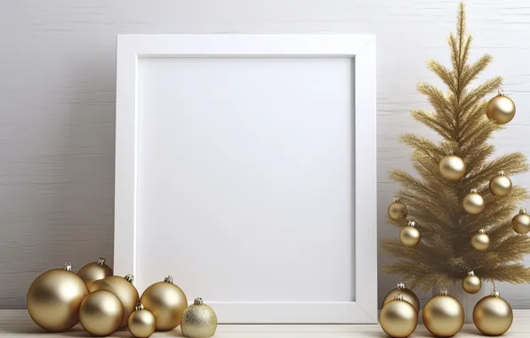 Balls, frame, Christmas, white background, New year, herringbone, gold, Christmas decorations