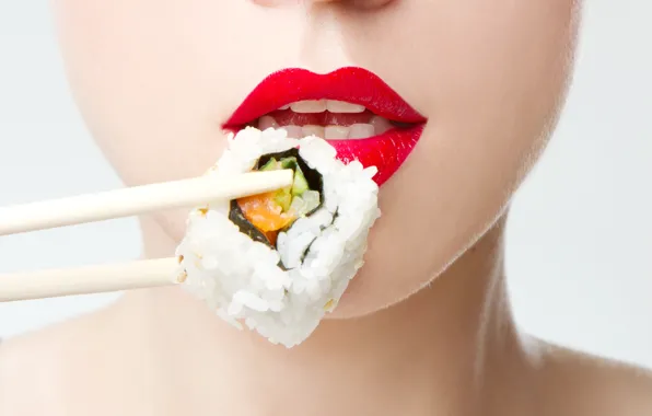 Woman, Lips, Sushi, Rice