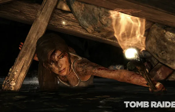 Picture water, girl, squirt, fire, torch, Tomb Raider, lara croft, output