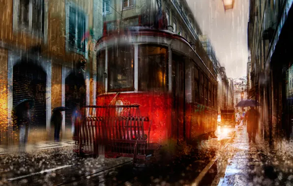 Rain, street, tram, Lisbon