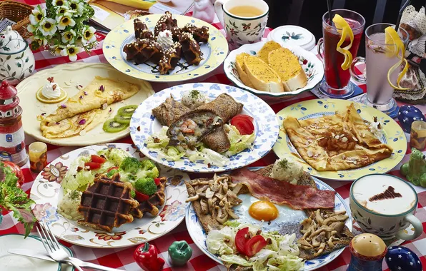 Coffee, cocktail, scrambled eggs, pancakes, waffles, salad, meals, cuts