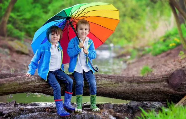 Children, jeans, umbrella, friends, color, Umbrella, boys, friends