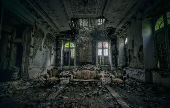 Picture sofa, hall, DESTROYING ANGEL, two chairs, ruined building