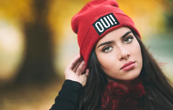 Autumn, eyes, look, girl, red, face, hat, portrait