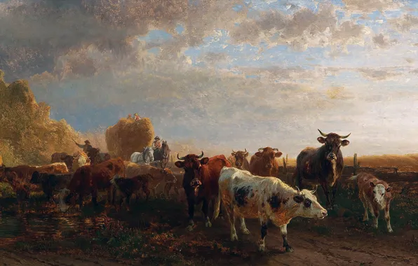 Clouds, Picture, The herd, Cows, German artist, Friedrich Volz, Friedrich Voltz, Coming home before the …