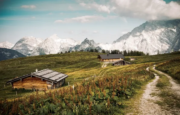 Road, mountains, house