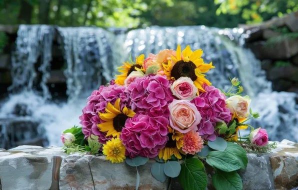 Sunflowers, flowers, waterfall, roses, bouquet, hydrangea, AI art, neural network