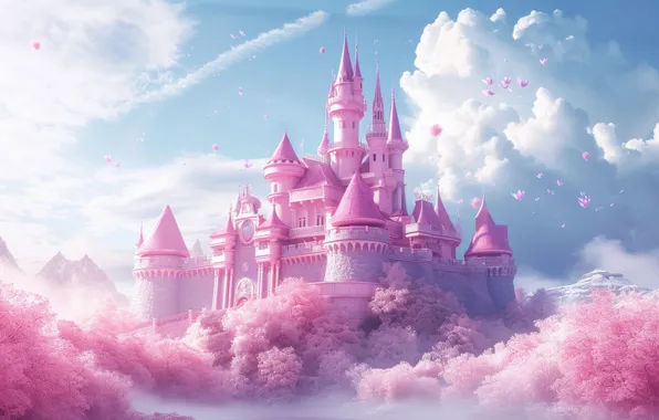 Clouds, fog, castle, pink, heaven, fantasy, haze, AI art