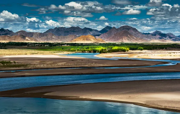 Picture the sky, clouds, light, mountains, river, China, shadows, oasis