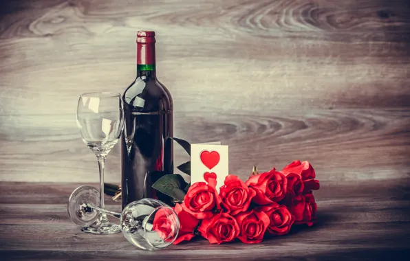 Gift, wine, glasses, red, love, romantic, hearts, valentine's day