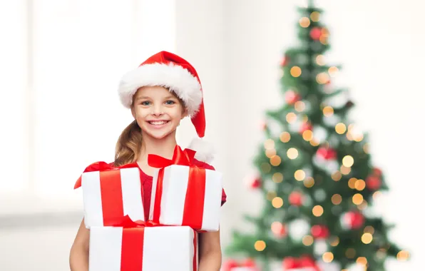 Picture children, tree, child, girl, gifts, New year, happy, smile