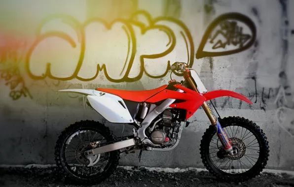 White, red, wall, motorcycle, grafiti