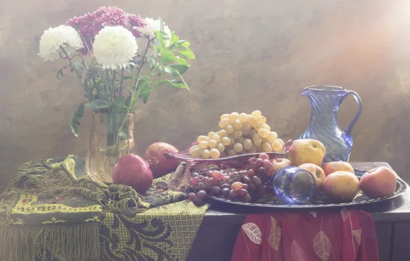 Flowers, table, apples, bouquet, grapes, dishes, vase, pitcher