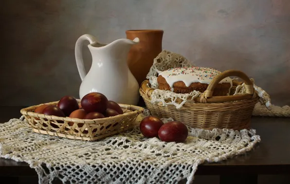Table, basket, eggs, Easter, vase, pitcher, still life, cake