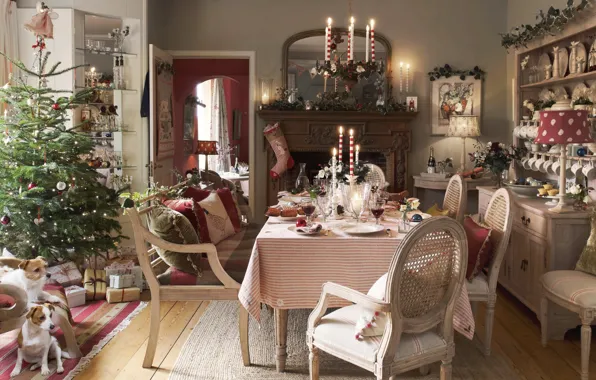 Picture decoration, gift, tree, new year, candles, Christmas, fireplace, festive table