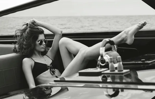 Black&white, girl, legs, headphones, monochrome, model, hair, boat