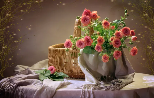 Flowers, table, background, basket, roses, pink, tablecloth