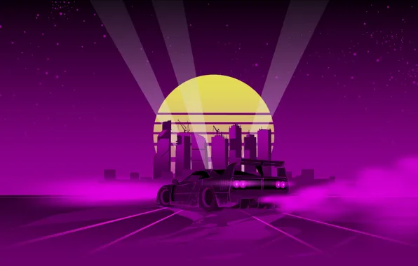 The sun, Music, The city, Silhouette, Background, Ferrari, 80s, Neon