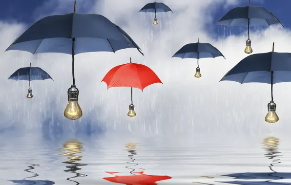 Water, reflection, rain, umbrellas, umbrellas, light bulb