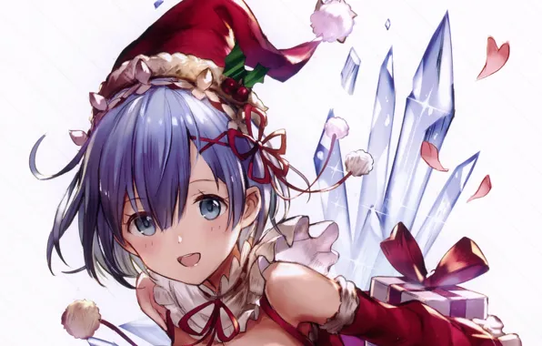 Gift, crystals, blue hair, art, white fur, red ribbon, bombski, the Santa hat