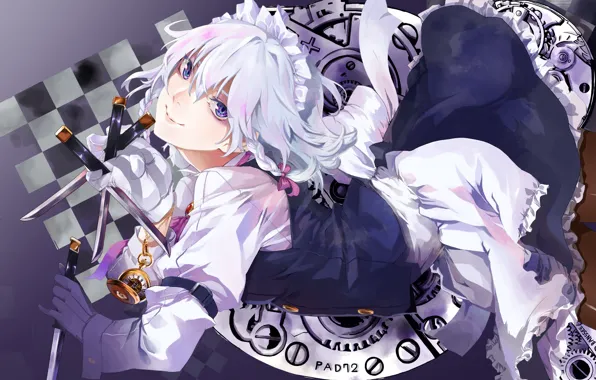 Smile, watch, gloves, braids, knives, touhou, uniform, the maid
