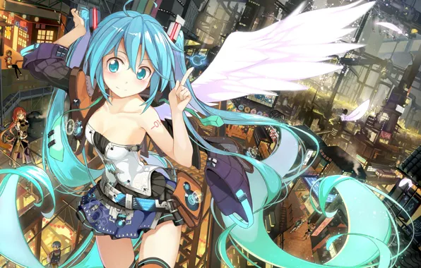 Picture the city, girls, wings, angel, feathers, art, guys, hatsune miku