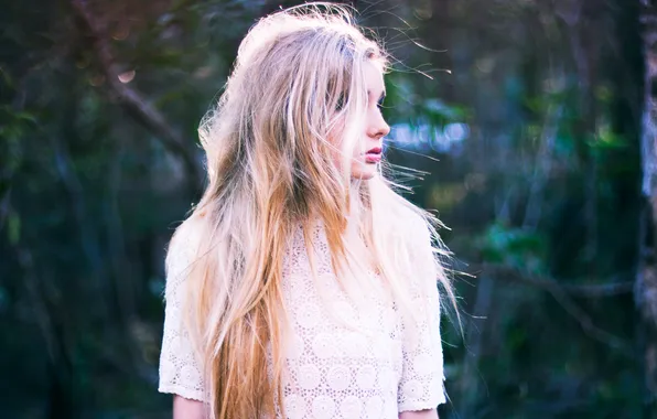 Girl, blonde, profile, bokeh