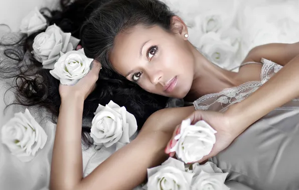 Girl, flowers, roses, girl, flowers, roses