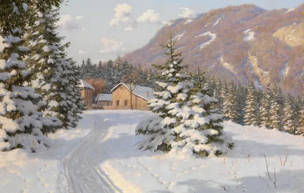 Winter, road, forest, snow, landscape, mountains, house, tree