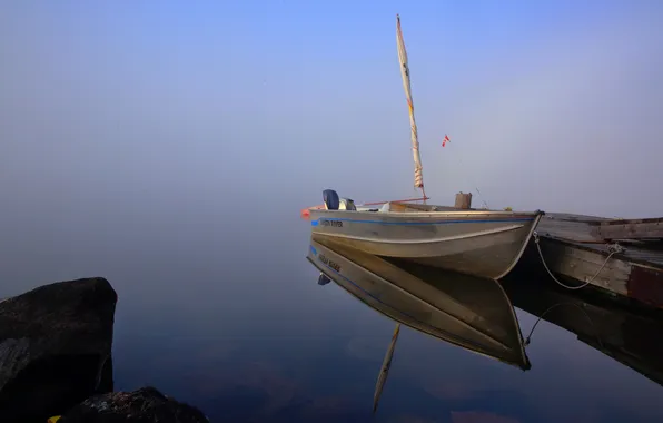 Fog, lake, boat, stone, pier