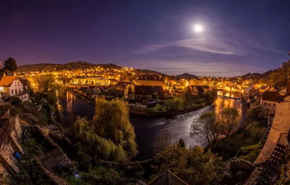 Picture the sky, night, the city, lights, river, the moon, home, Czech Republic