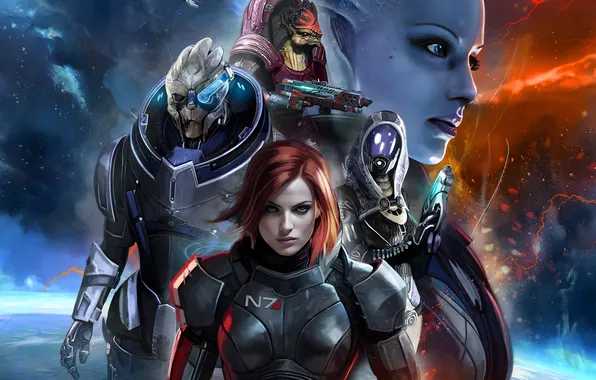 Urdnot Wrex, video game characters, video game art, Mass Effect, Dr. Liara, Garrus Vakarian, Soni, …