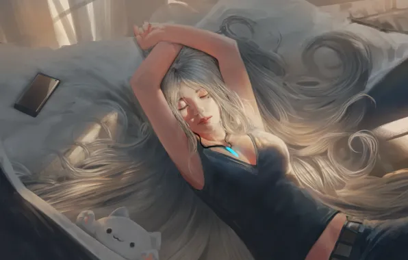 Picture girl, sleeping, smartphone