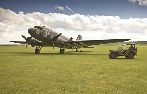 Picture the plane, the airfield, military transport, Jeep, "Willis-MV&ampquot;, Willys MB, Douglas C-47