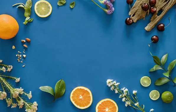 Flowers, blue, cherry, background, orange, lime, fruit, slices