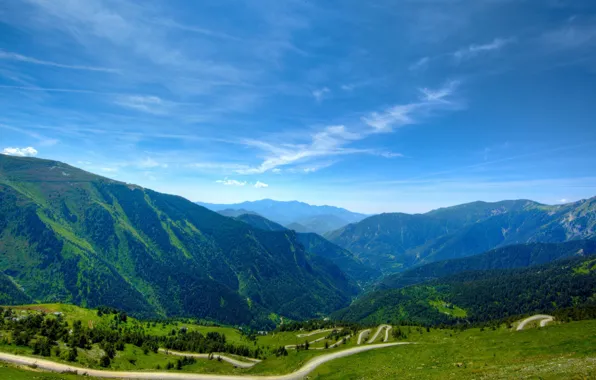 Road, greens, grass, void, the sun, clouds, joy, mountains