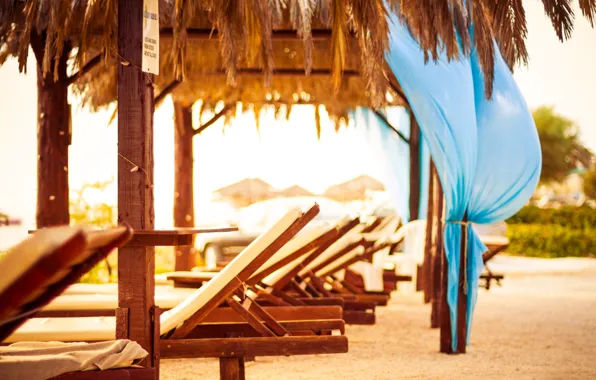 Sand, beach, trees, nature, palm trees, Greece, sun loungers
