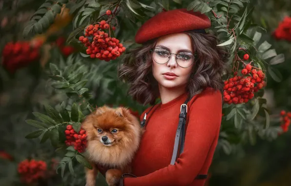 Picture look, leaves, girl, berries, portrait, dog, glasses, takes