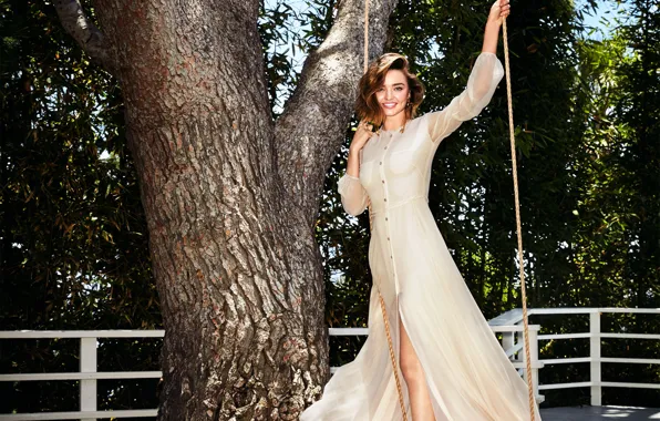 Smile, swing, tree, model, rope, dress, hairstyle, brown hair