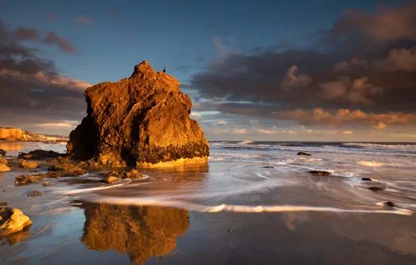 Sea, wave, beach, the sky, clouds, light, clouds, rock