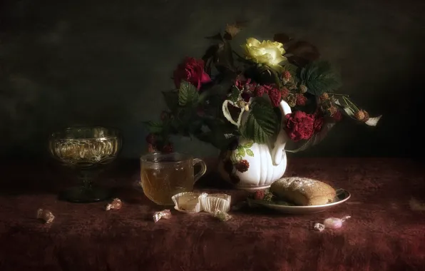 Flowers, raspberry, roses, bouquet, candy, the tea party, mug, still life