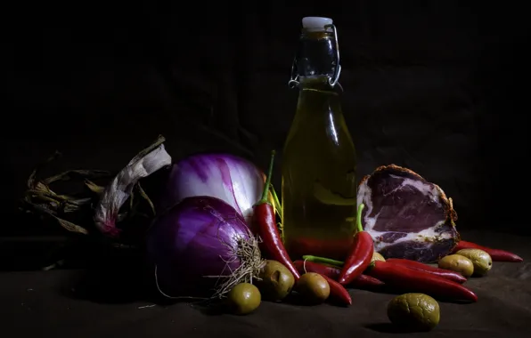 Red, the dark background, table, bottle, oil, bow, meat, pepper