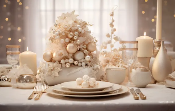 Balls, decoration, flowers, table, beauty, interior, candles, glasses