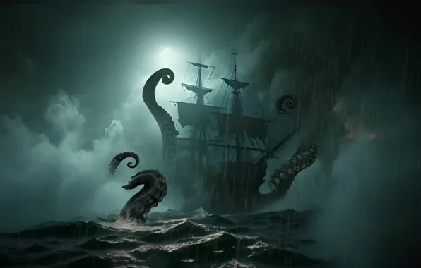 Moon, storm, octopus, ship