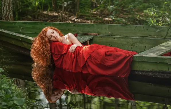 Water, girl, pose, reflection, mood, boat, hand, sleep