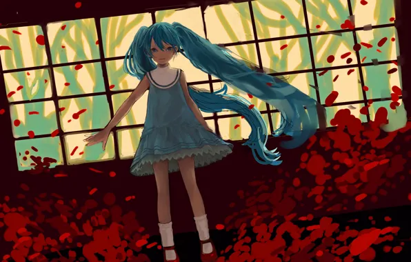 Trees, flowers, anime, dress, art, girl, Hatsune Miku, Vocaloid